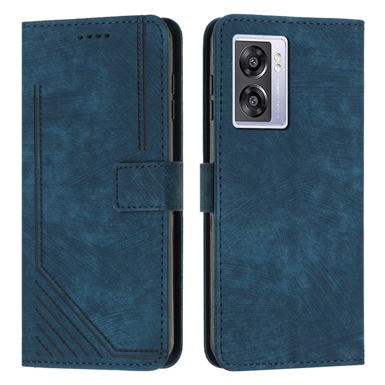 For OPPO A57 5G / A57 4G 2022 / A77 5G / Realme V23 Skin Feel Stripe Pattern Leather Phone Case with Lanyard