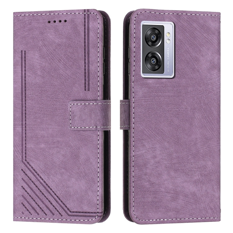 For OPPO A57 5G / A57 4G 2022 / A77 5G / Realme V23 Skin Feel Stripe Pattern Leather Phone Case with Lanyard