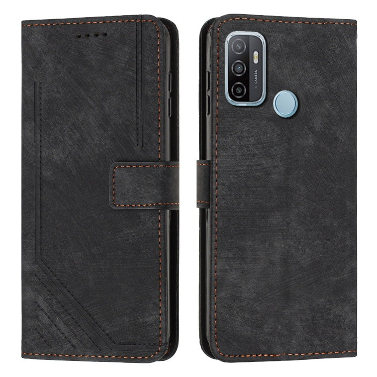 Skin Feel Stripe Pattern Leather Phone Case with Lanyard for OPPO A53 2020 / A53s 4G / A32 2020 4G / A33 2020 4G