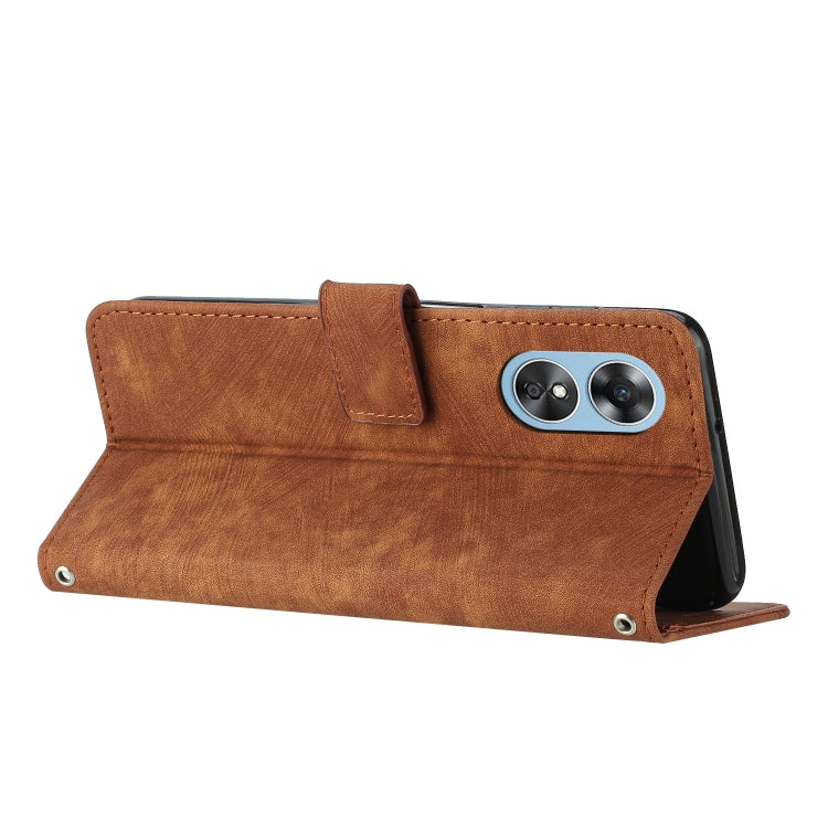 For OPPO A17 4G / A17k Global Skin Feel Stripe Pattern Leather Phone Case with Lanyard