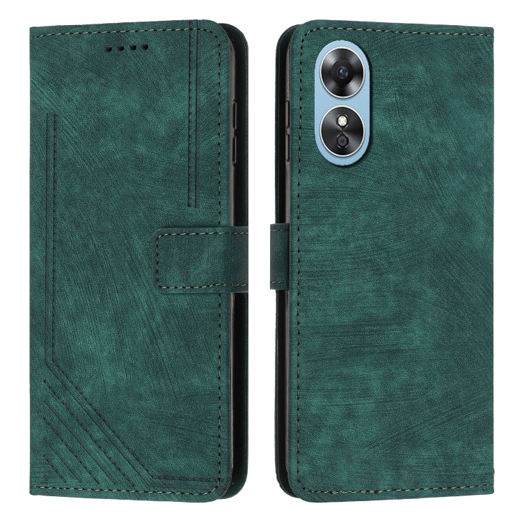 For OPPO A17 4G / A17k Global Skin Feel Stripe Pattern Leather Phone Case with Lanyard