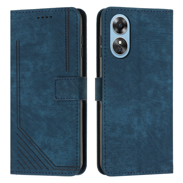 For OPPO A17 4G / A17k Global Skin Feel Stripe Pattern Leather Phone Case with Lanyard
