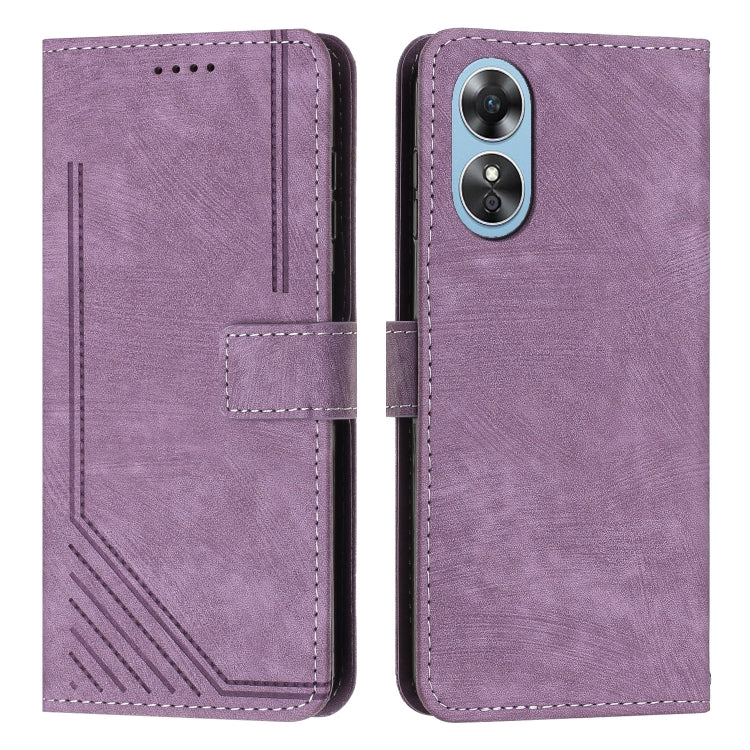 For OPPO A17 4G / A17k Global Skin Feel Stripe Pattern Leather Phone Case with Lanyard