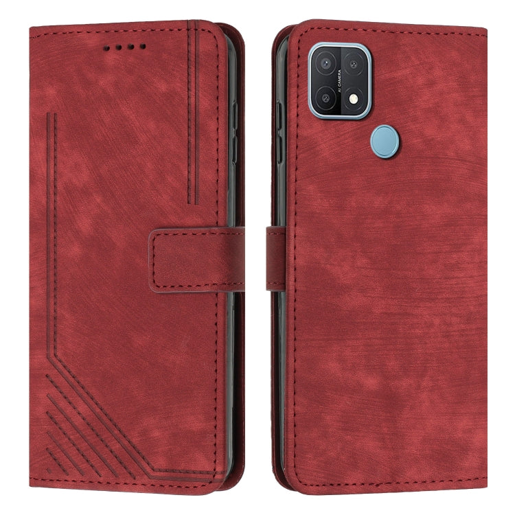 For OPPO A15 / A15s / A35 Skin Feel Stripe Pattern Leather Phone Case with Lanyard