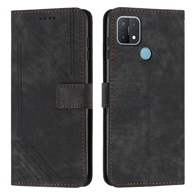 For OPPO A15 / A15s / A35 Skin Feel Stripe Pattern Leather Phone Case with Lanyard