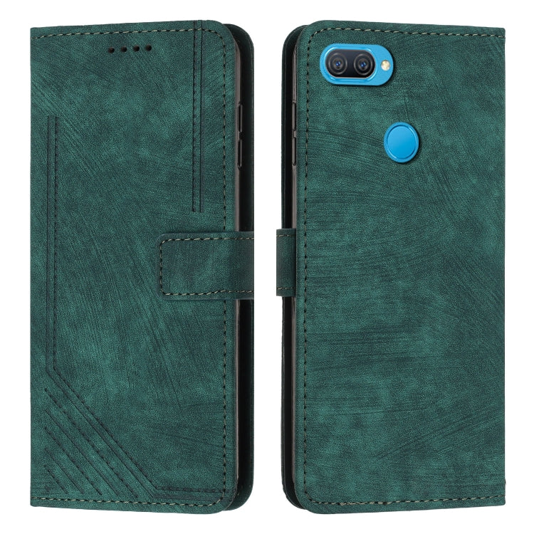 For OPPO A7 / A5s / A12 Skin Feel Stripe Pattern Leather Phone Case with Lanyard