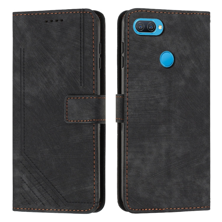 For OPPO A7 / A5s / A12 Skin Feel Stripe Pattern Leather Phone Case with Lanyard