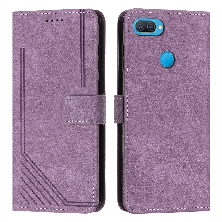 For OPPO A7 / A5s / A12 Skin Feel Stripe Pattern Leather Phone Case with Lanyard