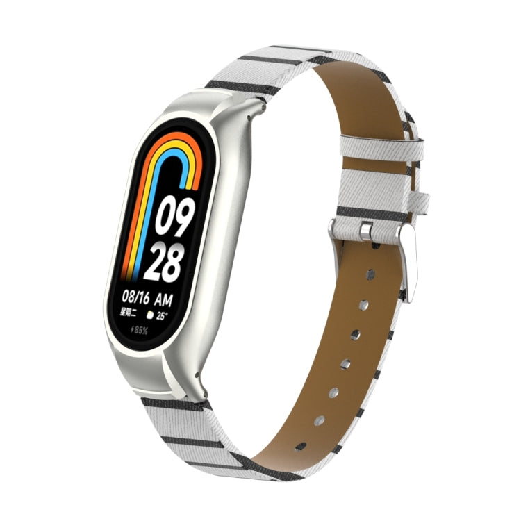 For Xiaomi Mi Band 8 Integrated Metal Case + Secondary Color Leather Watch Band