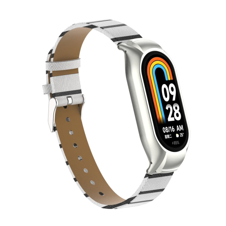 For Xiaomi Mi Band 8 Integrated Metal Case + Secondary Color Leather Watch Band