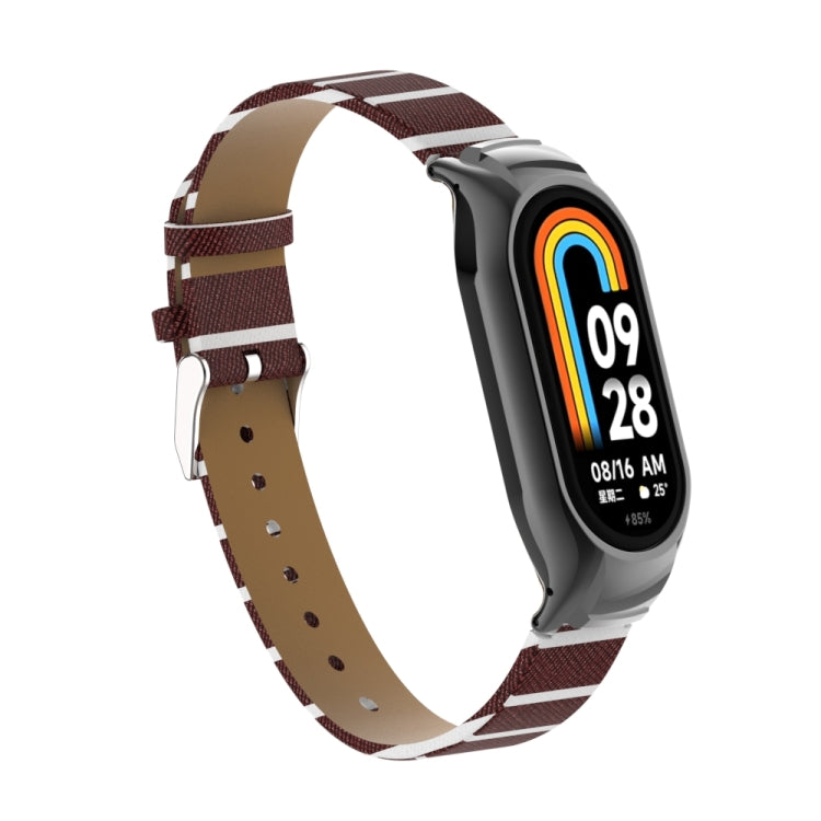 For Xiaomi Mi Band 8 Integrated Metal Case + Secondary Color Leather Watch Band