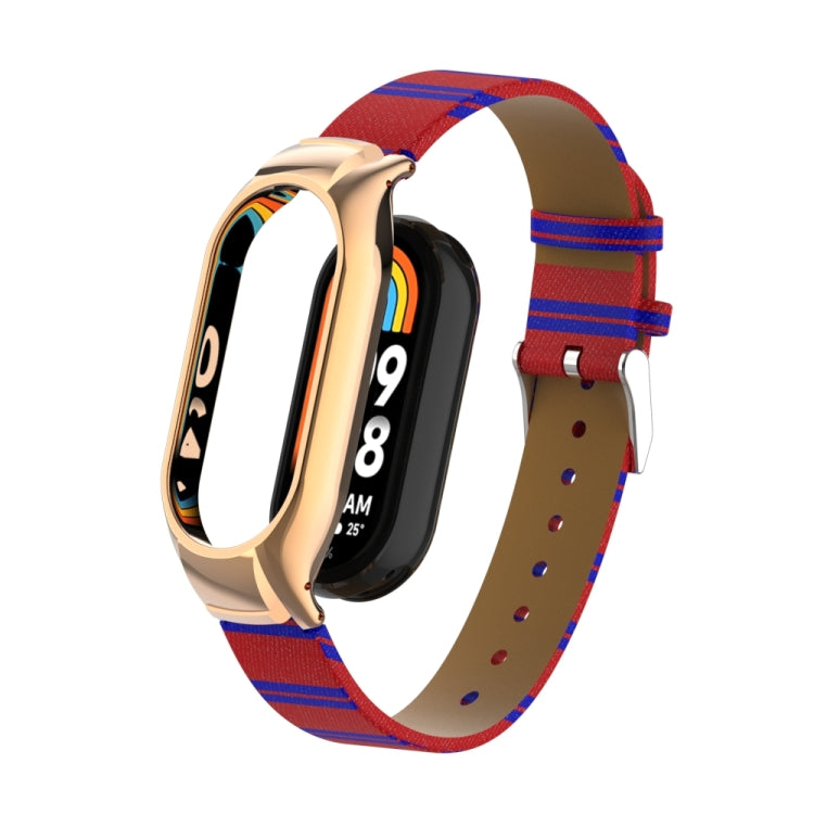 For Xiaomi Mi Band 8 Integrated Metal Case + Secondary Color Leather Watch Band