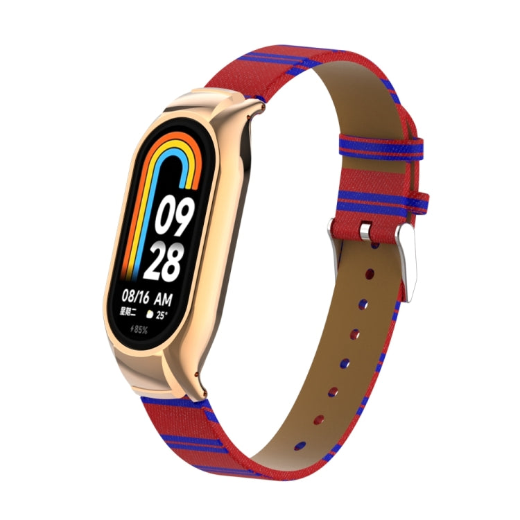 For Xiaomi Mi Band 8 Integrated Metal Case + Secondary Color Leather Watch Band