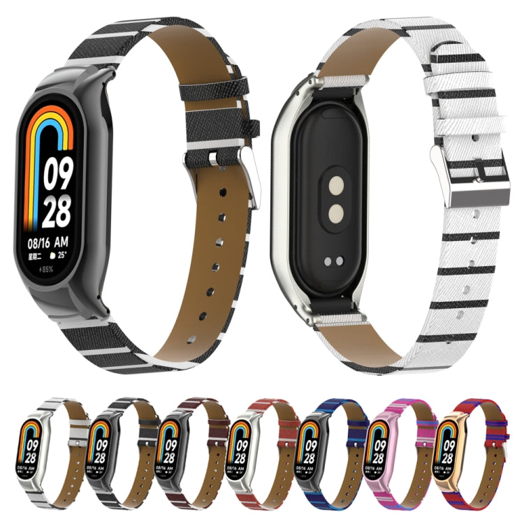 For Xiaomi Mi Band 8 Integrated Metal Case + Secondary Color Leather Watch Band