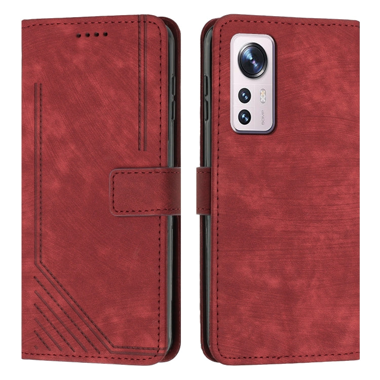 For Xiaomi 12 Lite Skin Feel Stripe Pattern Leather Phone Case with Lanyard