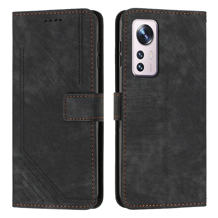 For Xiaomi 12 Lite Skin Feel Stripe Pattern Leather Phone Case with Lanyard