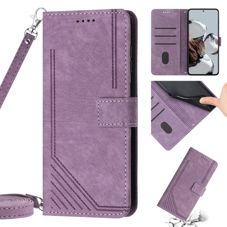 For Xiaomi 12T / 12T Pro / Redmi K50 Ultra Skin Feel Stripe Pattern Leather Phone Case with Lanyard