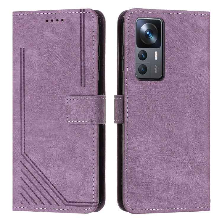 For Xiaomi 12T / 12T Pro / Redmi K50 Ultra Skin Feel Stripe Pattern Leather Phone Case with Lanyard