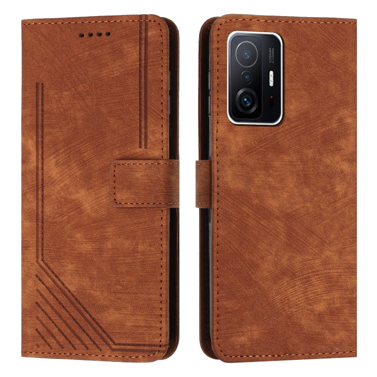 For Xiaomi 11T  / 11T Pro Skin Feel Stripe Pattern Leather Phone Case with Lanyard