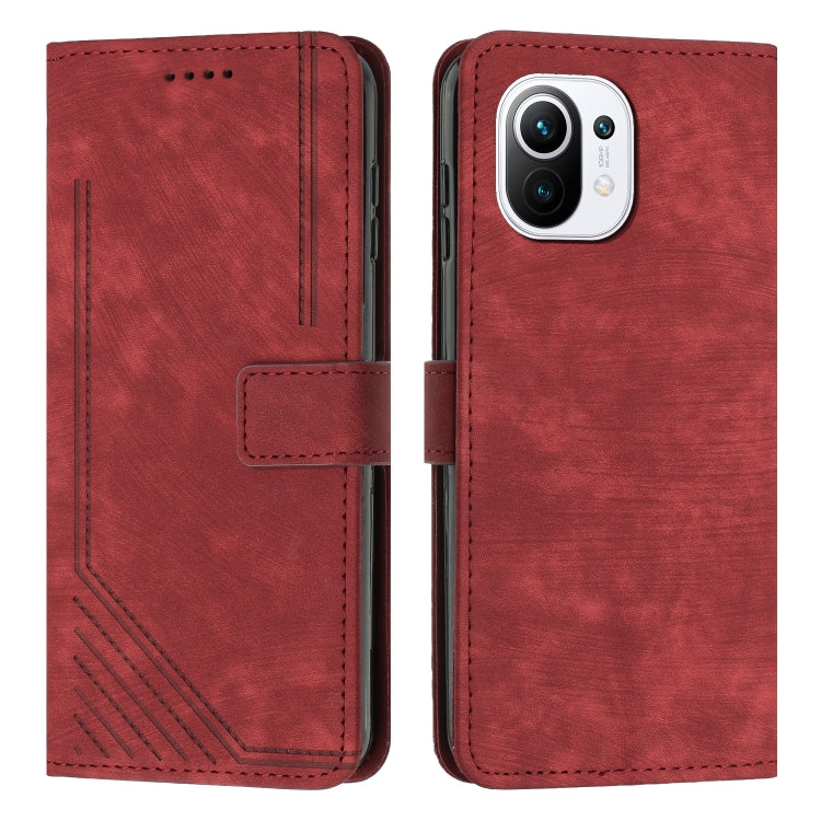 For Xiaomi Mi 11 Lite / Mi 11 Lite 5G NE Skin Feel Stripe Pattern Leather Phone Case with Lanyard