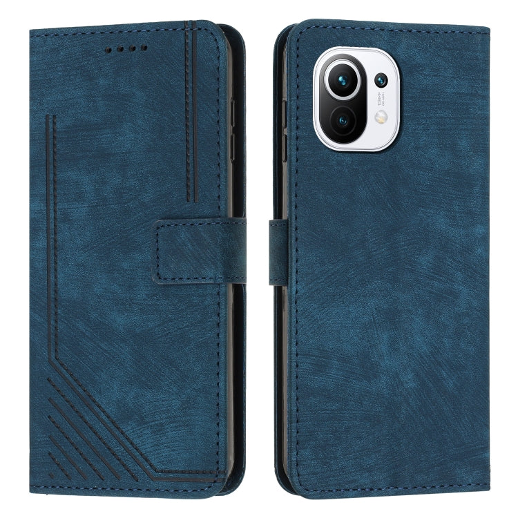 For Xiaomi Mi 11 Lite / Mi 11 Lite 5G NE Skin Feel Stripe Pattern Leather Phone Case with Lanyard