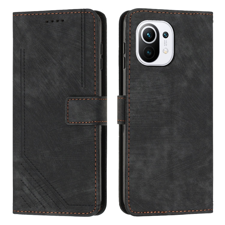 For Xiaomi Mi 11 Lite / Mi 11 Lite 5G NE Skin Feel Stripe Pattern Leather Phone Case with Lanyard