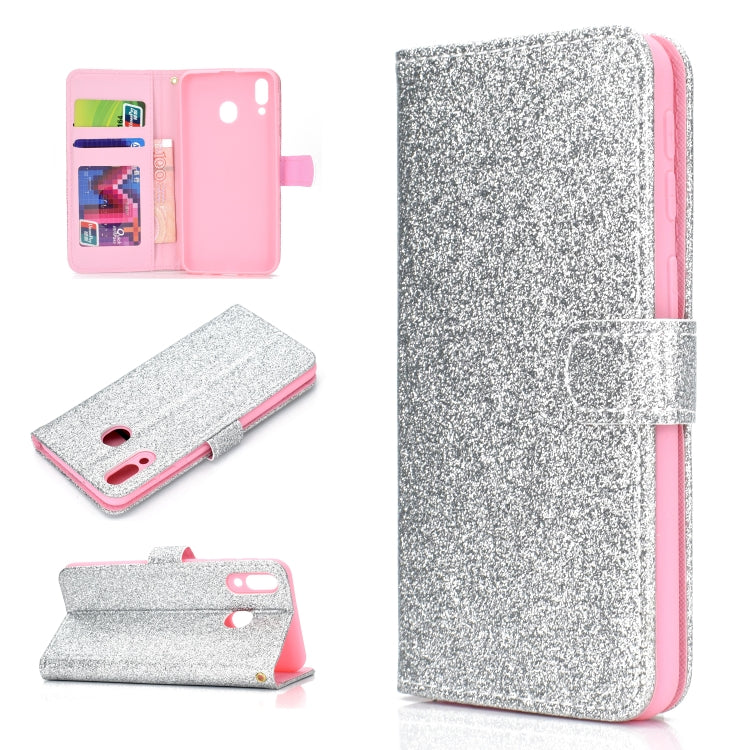 For Samsung Galaxy M20 Glitter Powder Horizontal Flip Leather Case with Card Slots & Holder & Photo Frame & Wallet