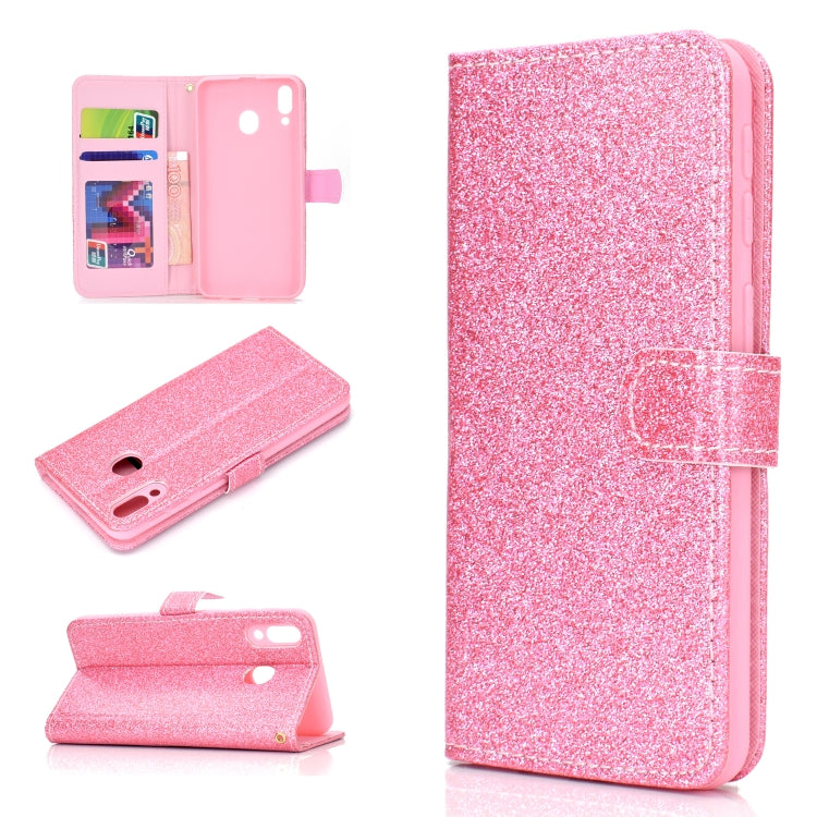 For Samsung Galaxy M20 Glitter Powder Horizontal Flip Leather Case with Card Slots & Holder & Photo Frame & Wallet