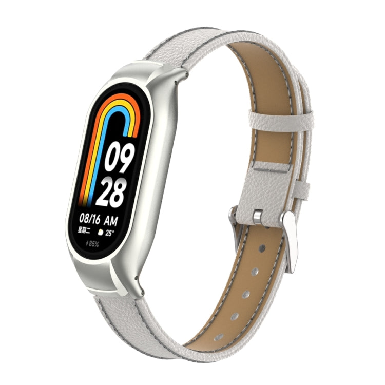 For Xiaomi Mi Band 8 Integrated Metal Case + Litchi Texture Leather Watch Band