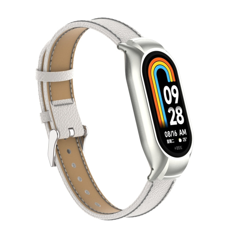 For Xiaomi Mi Band 8 Integrated Metal Case + Litchi Texture Leather Watch Band
