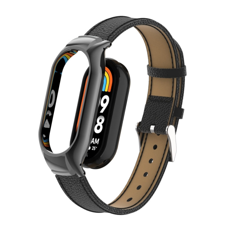 For Xiaomi Mi Band 8 Integrated Metal Case + Litchi Texture Leather Watch Band