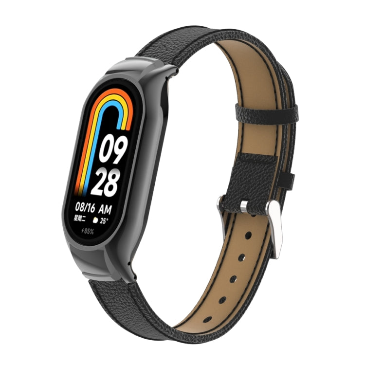 For Xiaomi Mi Band 8 Integrated Metal Case + Litchi Texture Leather Watch Band