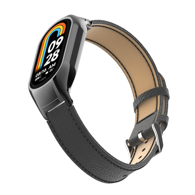 For Xiaomi Mi Band 8 Integrated Metal Case + Litchi Texture Leather Watch Band