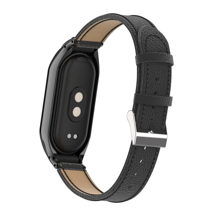 For Xiaomi Mi Band 8 Integrated Metal Case + Litchi Texture Leather Watch Band