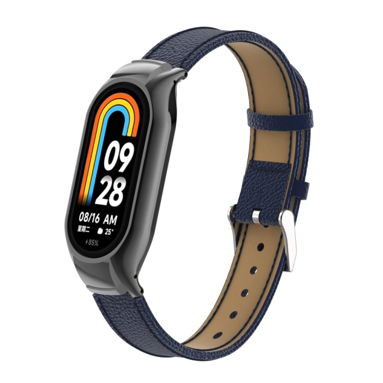 For Xiaomi Mi Band 8 Integrated Metal Case + Litchi Texture Leather Watch Band