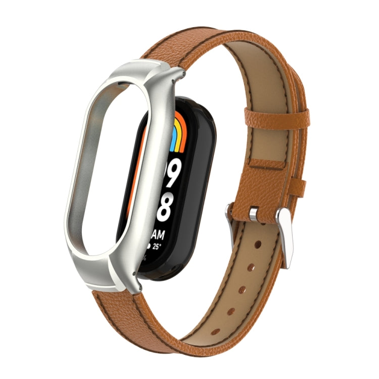 For Xiaomi Mi Band 8 Integrated Metal Case + Litchi Texture Leather Watch Band