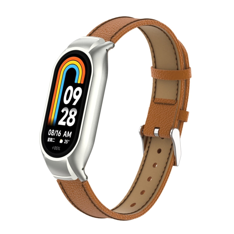 For Xiaomi Mi Band 8 Integrated Metal Case + Litchi Texture Leather Watch Band