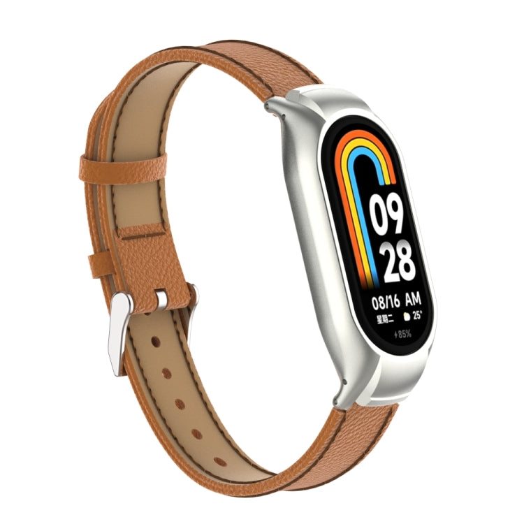 For Xiaomi Mi Band 8 Integrated Metal Case + Litchi Texture Leather Watch Band