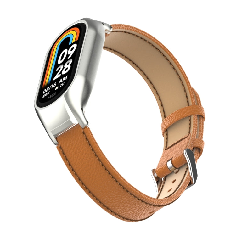 For Xiaomi Mi Band 8 Integrated Metal Case + Litchi Texture Leather Watch Band