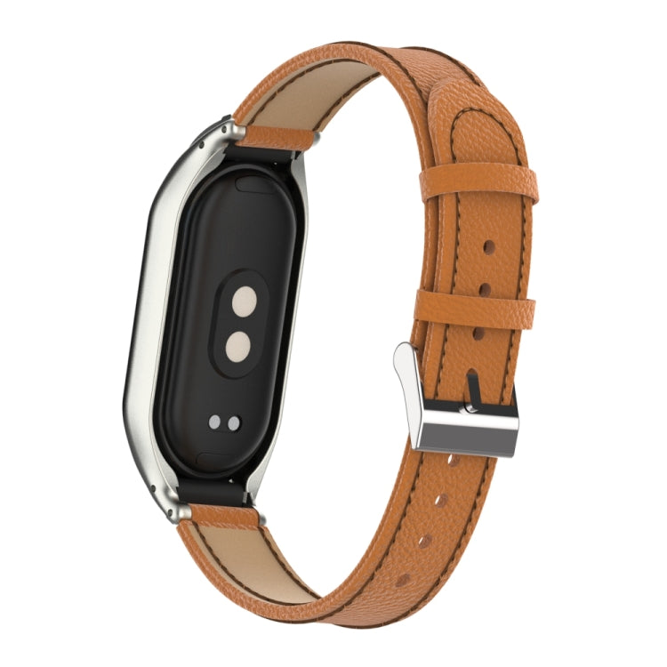 For Xiaomi Mi Band 8 Integrated Metal Case + Litchi Texture Leather Watch Band
