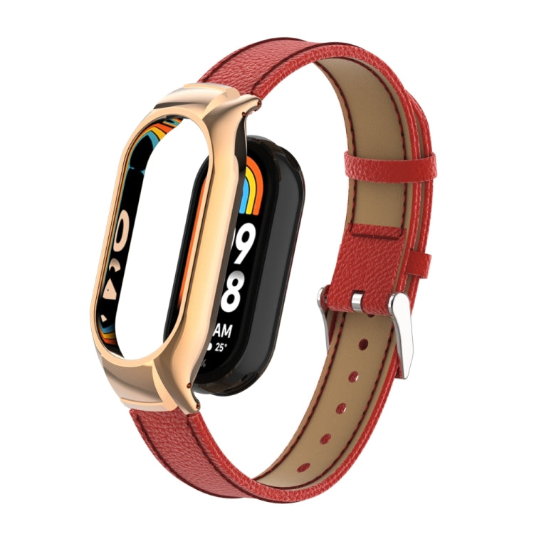 For Xiaomi Mi Band 8 Integrated Metal Case + Litchi Texture Leather Watch Band