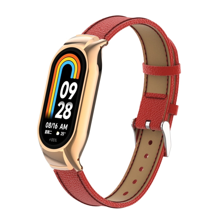 For Xiaomi Mi Band 8 Integrated Metal Case + Litchi Texture Leather Watch Band