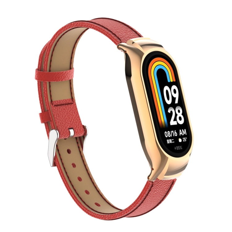 For Xiaomi Mi Band 8 Integrated Metal Case + Litchi Texture Leather Watch Band