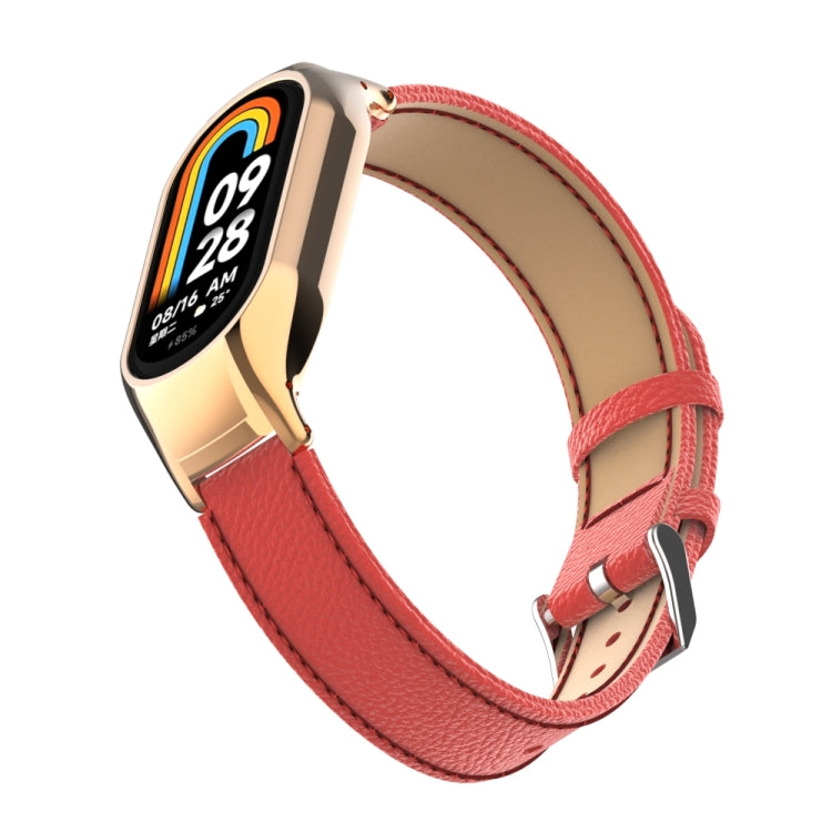 For Xiaomi Mi Band 8 Integrated Metal Case + Litchi Texture Leather Watch Band
