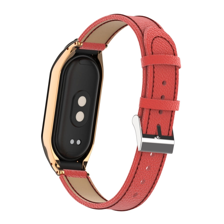 For Xiaomi Mi Band 8 Integrated Metal Case + Litchi Texture Leather Watch Band