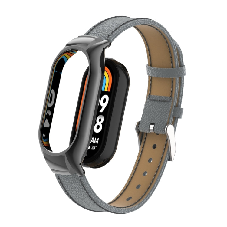 For Xiaomi Mi Band 8 Integrated Metal Case + Litchi Texture Leather Watch Band