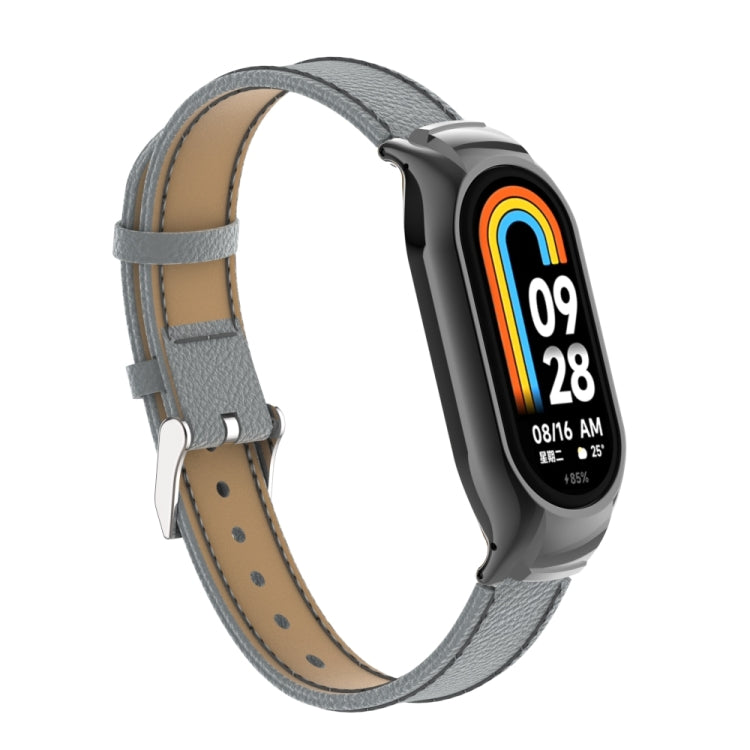 For Xiaomi Mi Band 8 Integrated Metal Case + Litchi Texture Leather Watch Band