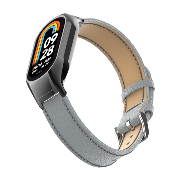 For Xiaomi Mi Band 8 Integrated Metal Case + Litchi Texture Leather Watch Band