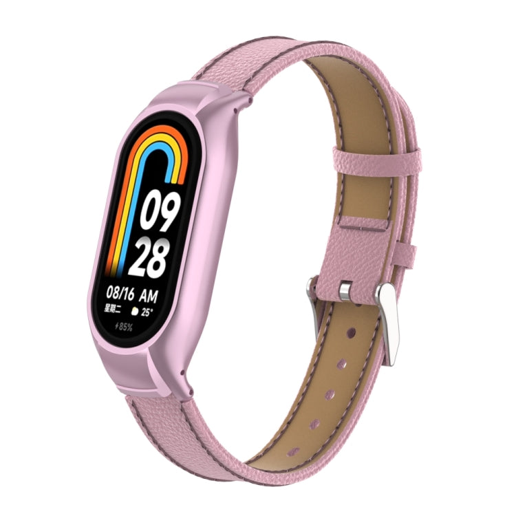 For Xiaomi Mi Band 8 Integrated Metal Case + Litchi Texture Leather Watch Band