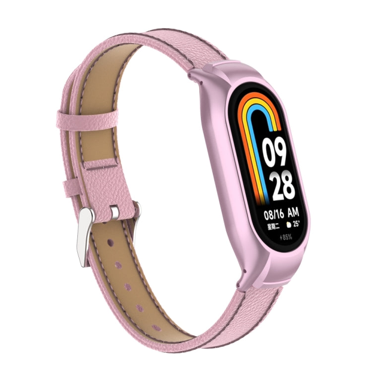 For Xiaomi Mi Band 8 Integrated Metal Case + Litchi Texture Leather Watch Band